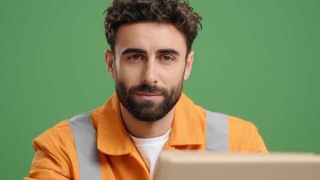 Focused Worker: A diligent worker, set against a vivid green background, demonstrates competence and a steadfast dedication.