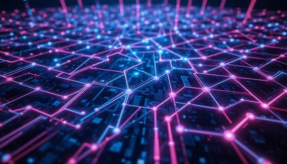 Obraz premium Pink and blue interconnected network lines with glowing nodes over a dark circuit board background form an abstract