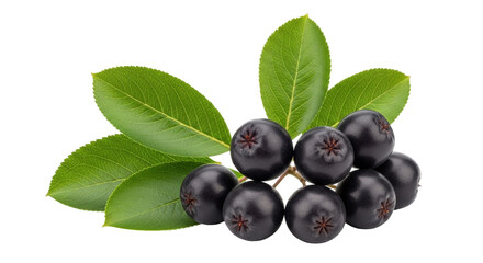 Isolated chokeberries and leaves bunch, healthy dark berries, wild organic harvest, natural