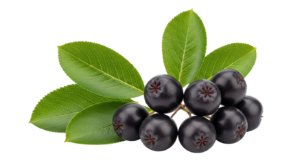 Isolated chokeberries and leaves bunch, healthy dark berries, wild organic harvest, natural