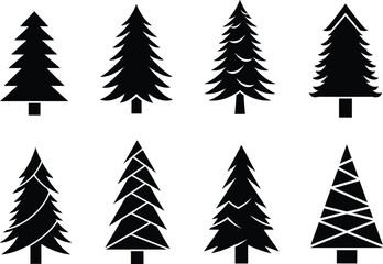 Set of black pine tree silhouettes in various abstract styles, perfect for Christmas designs, nature themes, or vector illustrations.
