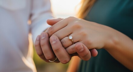 Engagement ring close up shot of couple holding hands showing diamond ring for wedding proposal idea