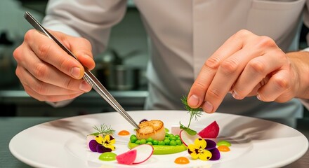 Chef preparing gourmet scallop dish with edible flowers culinary art food styling presentation restaurant cuisine