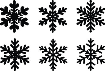 Set of black snowflake silhouette icons, winter cold season vector decoration for Christmas, holiday festive design, snow pattern background illustration.