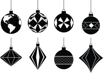 Silhouette Christmas ornaments and baubles collection with geometric designs, festive holiday decorations, globe shape, diamond patterns, vector illustration set