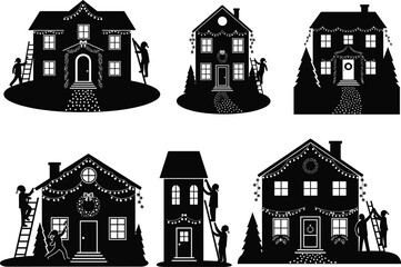 Silhouette family decorating houses with Christmas lights and wreaths, festive holiday home exterior decorations, winter celebration vector illustration design