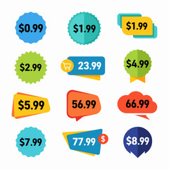 Set of colorful sale tags, discount price colorful tag from dollar set. Special sale offer advertising with price off label template