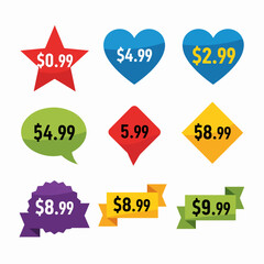 Set of colorful sale tags, discount price colorful tag from dollar set. Special sale offer advertising with price off label template
