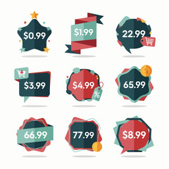Set of colorful sale tags, discount price colorful tag from dollar set. Special sale offer advertising with price off label template