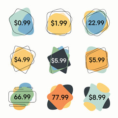 Discount price colorful tag from dollar set. Special sale offer advertising with price off label template
