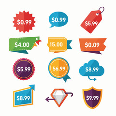Discount price colorful tag from dollar set. Special sale offer advertising with price off label template