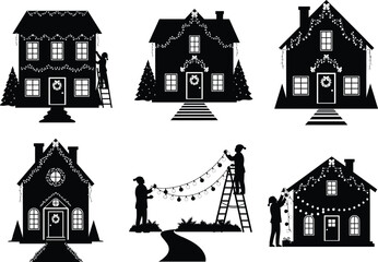 Silhouette houses decorated with Christmas lights and holiday wreaths, people hanging string lights outdoor, festive winter home exterior seasonal illustration vector