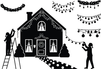 Silhouette illustration of people decorating house with Christmas lights, garlands, wreaths, and festive ornaments for winter holiday celebration vector.