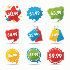 Discount price colorful tag from dollar set. Special sale offer advertising with price off label template