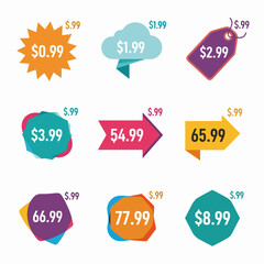 Discount colorful price tag from dollar set. Special sale offer advertising with price off label template. Save money with clearance purchase shop product price sticker. Vector illustration