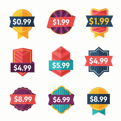 Discount price tag from dollar set. Special sale offer advertising with price off label template. Save money with clearance purchase shop product price sticker. Vector illustration