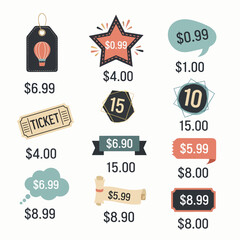 Discount price tag from dollar set. Special sale offer advertising with price off label template. Save money with clearance purchase shop product price sticker. Vector illustration
