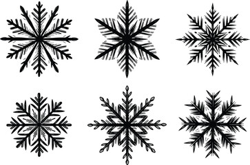 Six black hand-drawn snowflake vector elements — decorative winter ornament set, seasonal geometric ice crystal illustrations for design projects