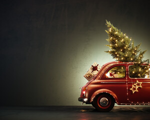 Old red car with Christmas tree and Christmas presents on dark green background. Christmas greeting card design with copy space. 3D Rendering, 3D Illustration	