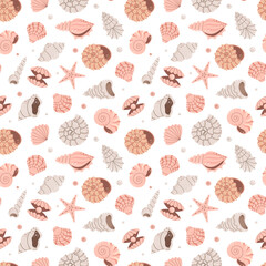 Seamless pattern with shells and mollusks. Summertime. Flat vector illustration.