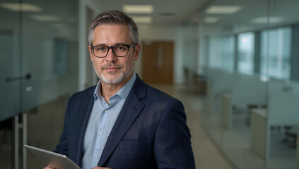 Confident, professional businessman with tablet confidently leading modern corporate strategy in bright office environment