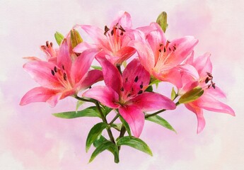 Fototapeta premium A delicate arrangement of vibrant pink lilies, painted with soft, textured strokes, creating a beautiful floral still life.
