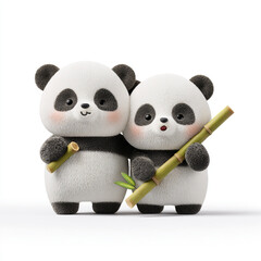 Two adorable, fluffy 3D-rendered baby pandas, with rosy cheeks and wide eyes, happily munching on bamboo sticks against a clean white background.