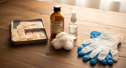 First aid kit with antiseptic solution bandages cotton balls and gloves on a wooden surface top view