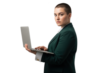 Professional woman in green suit working on laptop, businesswoman using computer, isolated on transparent background