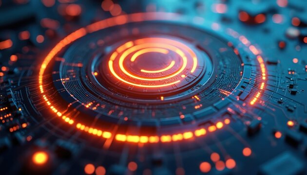 Abstract digital circuit board with glowing orange concentric rings and blue light accents. Complex patterns and bright energy emanate from the center.
