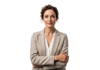 Professional businesswoman confident executive leader posing in suit elegant female manager isolated on transparent background