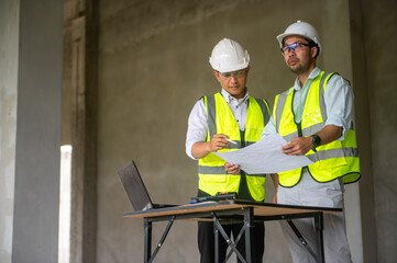 Male engineer and architect are checking the integrity of the building structure inside the building