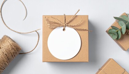 Eco-friendly gift box wrapped in kraft paper with blank round tag and twine. Minimalist packaging for branding, holidays, birthday, celebration, craft, DIY, and design presentation.