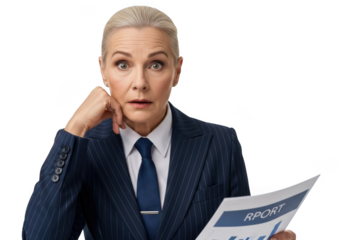 Shocked businesswoman with report looking concerned, worried, and surprised, wearing a suit and tie, isolated on transparent background