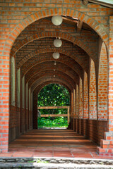Retro-style architectural landscape and quaint red brick corridors