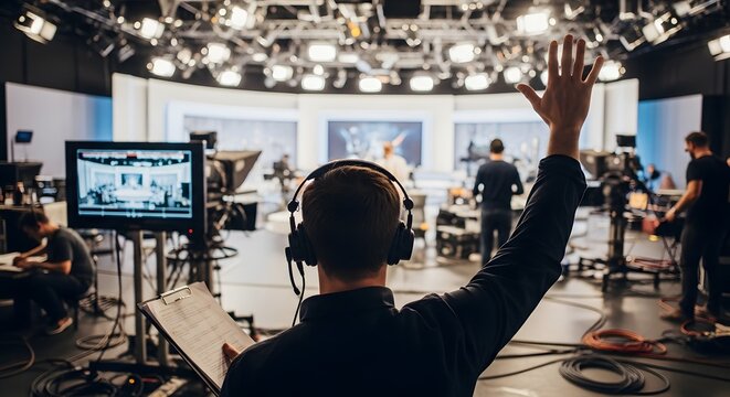 Man with headphones directing a tv production in a studio with lights and cameras and other crew members