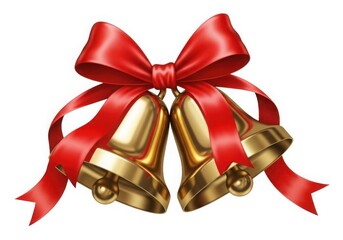 Golden christmas bells with red ribbon festive decoration for holiday celebrations isolated on white background