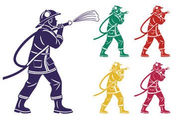 set of Firefighter with hose silhouette illustration