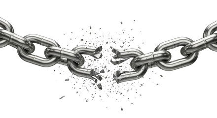 Broken silver chain freedom symbol strength independence concept with debris isolated on transparent background