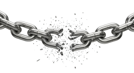 Broken silver chain freedom symbol strength independence concept with debris isolated on transparent background