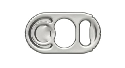 Isolated metal soda can tab pull ring, aluminum beverage packaging component, drink container accessory