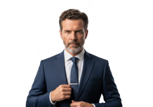 Professional businessman adjusting tie in blue suit portrait png image for design assets, business and marketing resources isolated on transparent background