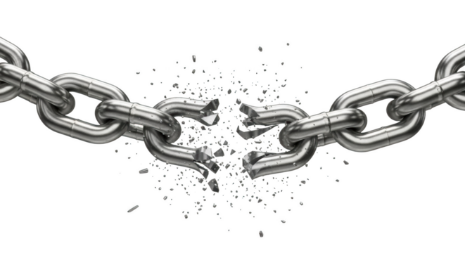 Broken silver chain freedom symbol strength independence concept with debris isolated on transparent background - Powered by Adobe