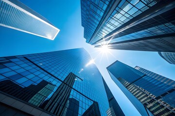 Looking up at modern glass skyscrapers against a bright blue sky