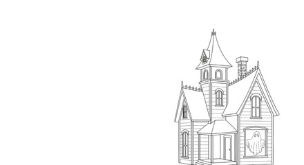 Obraz premium Conceptual illustration a simple, clean contour line drawing of a haunted house. Inside the window, the only thing visible is the faint, outline of a ghost
