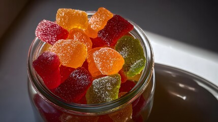 A glass jar filled with an assortment of colorful, sugar-coated gummy candies, showcasing a vibrant mix of red, orange, and green hues