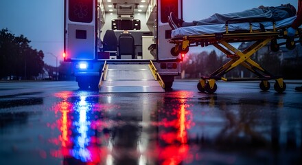 Ambulance with patient on stretcher and open back door with reflections on wet ground at night