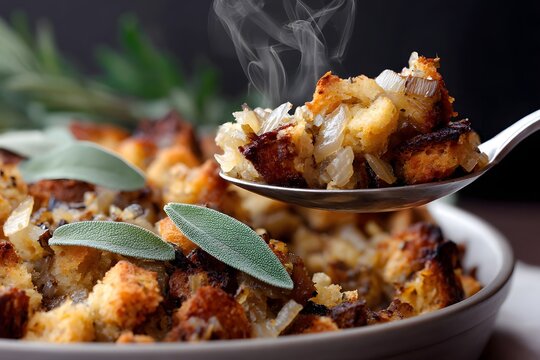 Savory bread stuffing with herbs served in a dish Generative AI
