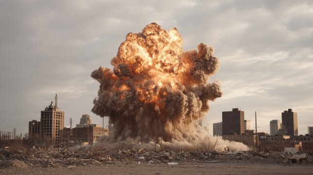 A controlled demolition takes place in an urban environment, sending debris and dust high into the air, creating a dramatic explosion visible from surrounding buildings.