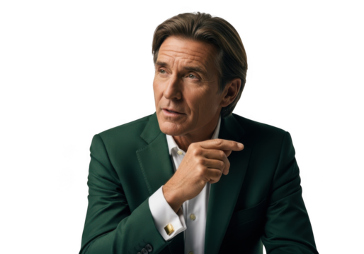Confident businessman in green suit pointing finger stock photo portrait png image for design isolated on transparent background